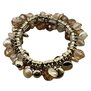 Cha Cha Bracelet Expandable Beige Faux Pearl Beaded Glass Gold Tone Stretch